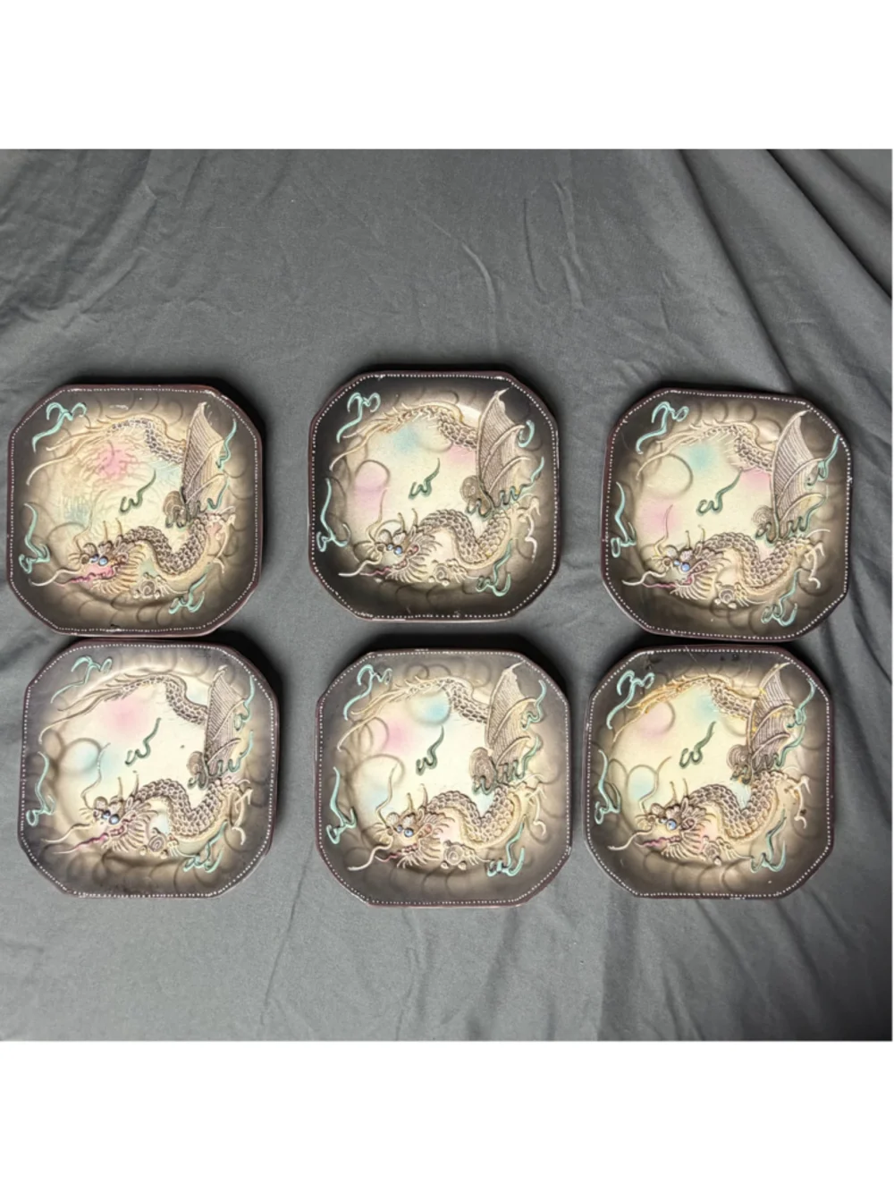 Japanese Moriage Dragonware Plate Set Basket 7 Pc Vintage Retro Serving Dishes